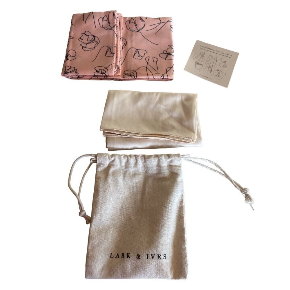 Lark & Ives Hair Scarf Set With Drawstring Pouch‎ Light Pink & Ivory Floral Line